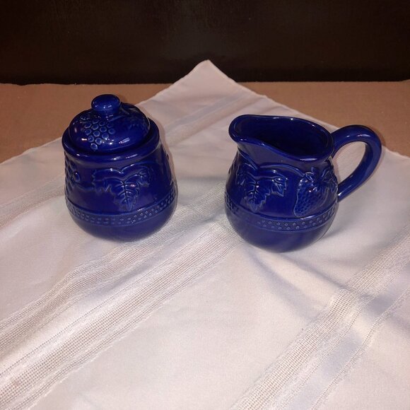 Other - Cobalt Blue Ceramic Creamer Pitcher and Sugar Set featuring embossed fruit desig